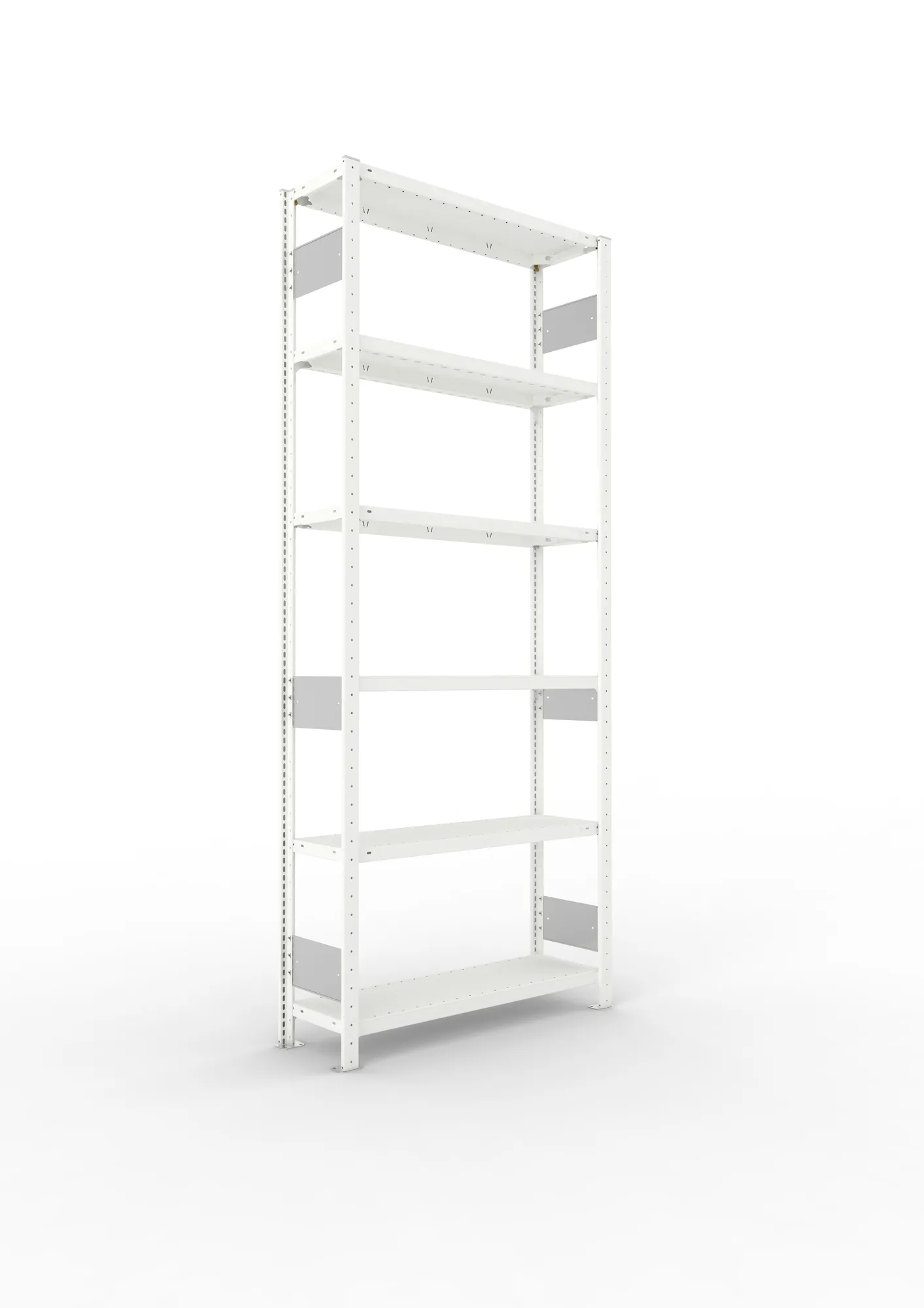META CLIP S3, Fachbodenregal, Grundregal, 2500 x 1000 x 300 mm, Fachlast 150 kg, 6 Ebenen, Längsriegel, RAL 7035 – Ansicht in Blickhöhe