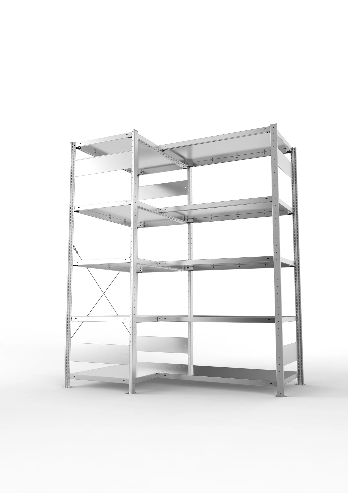 META CLIP, Eckregal, 2000 x 1000 x 600 mm, Fachlast 100 kg, 5 Ebenen, verzinkt – Seitenansicht