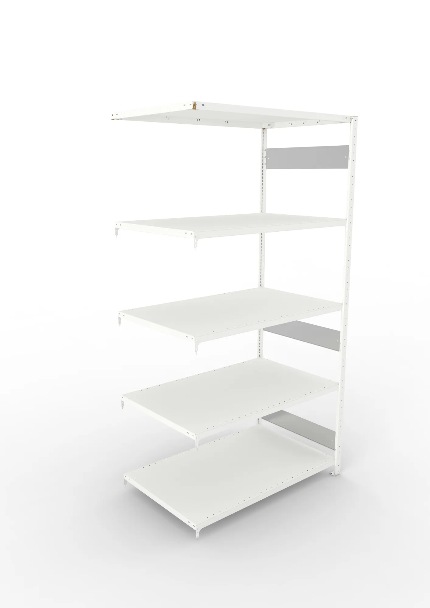 META CLIP S3, Fachbodenregal, Anbauregal, 2500 x 1300 x 800 mm, Fachlast 230 kg, 5 Ebenen, Längsriegel, RAL 7035 – Ansicht von oben