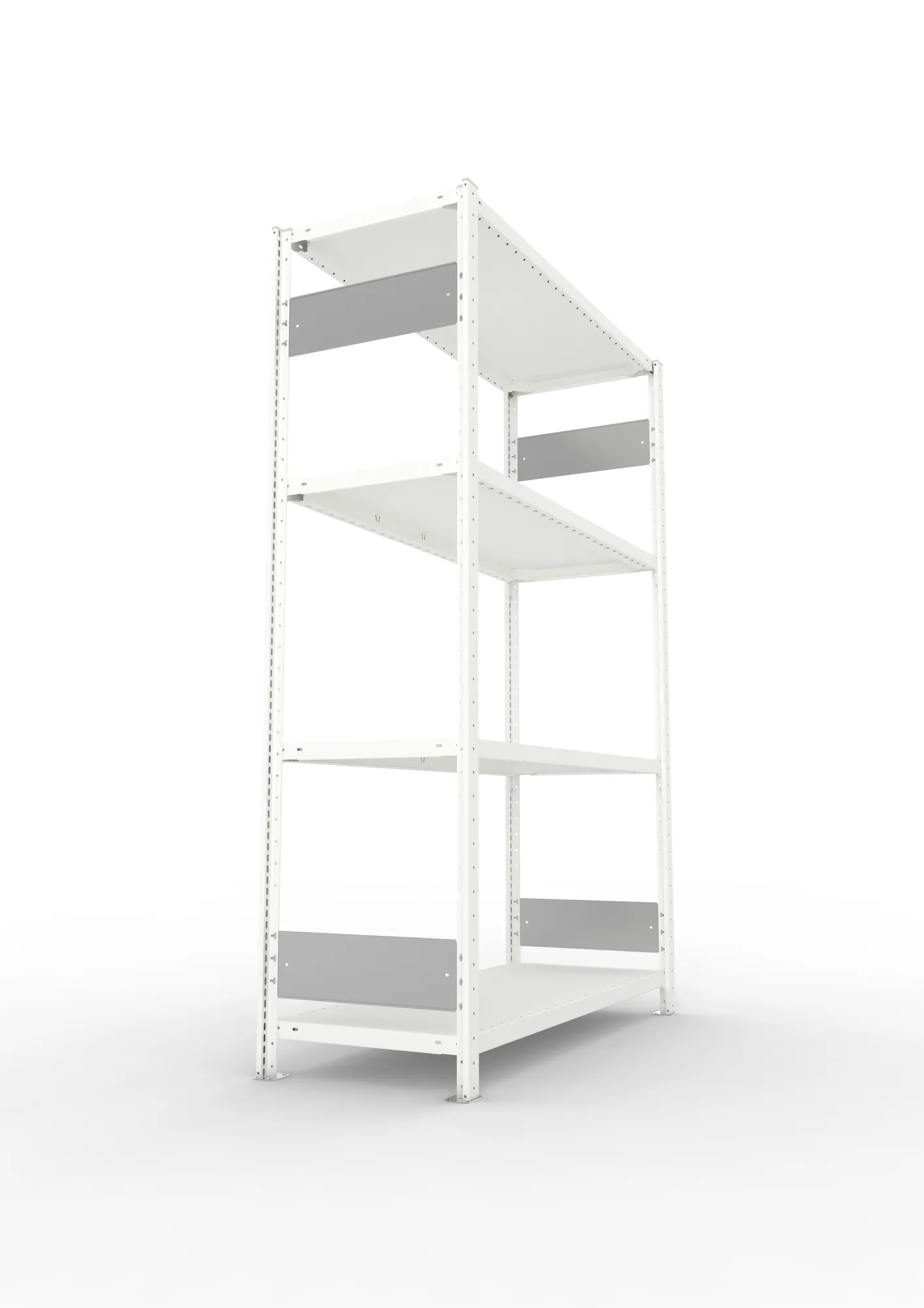 META CLIP S3, Fachbodenregal, Grundregal, 2000 x 1300 x 500 mm, Fachlast 230 kg, 4 Ebenen, Längsriegel, RAL 7035 – Seitenansicht