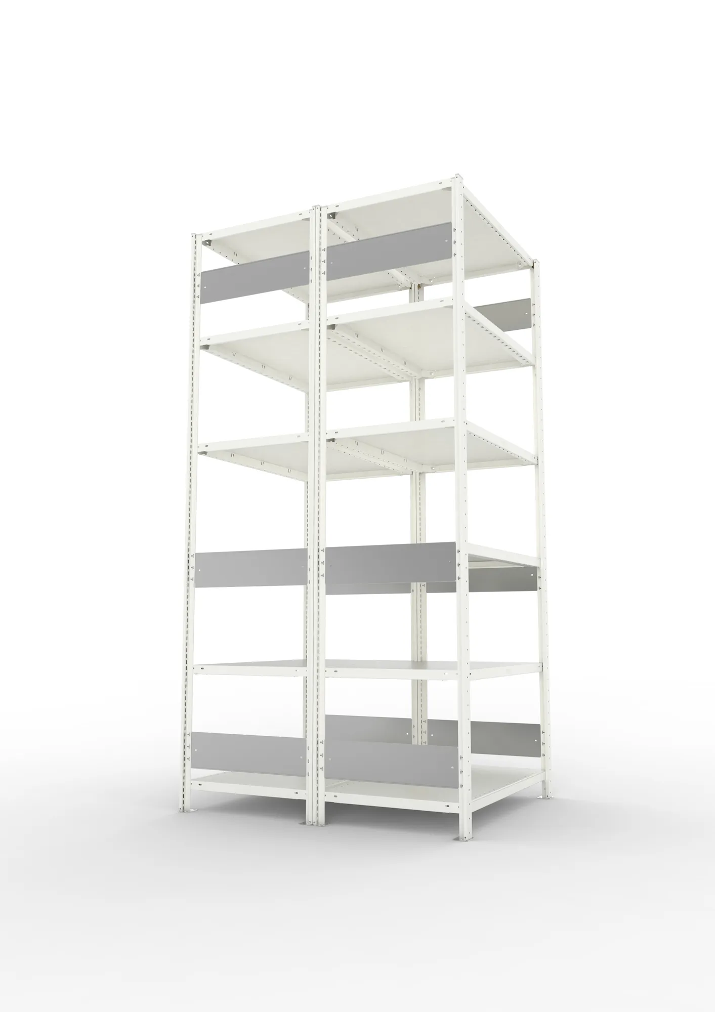 META CLIP S3, Fachbodenregal, Doppel-Grundregal, 2500 x 1000 x 600 mm, Fachlast 150 kg, 6 Ebenen, Längsriegel, RAL 7035 – Seitenansicht