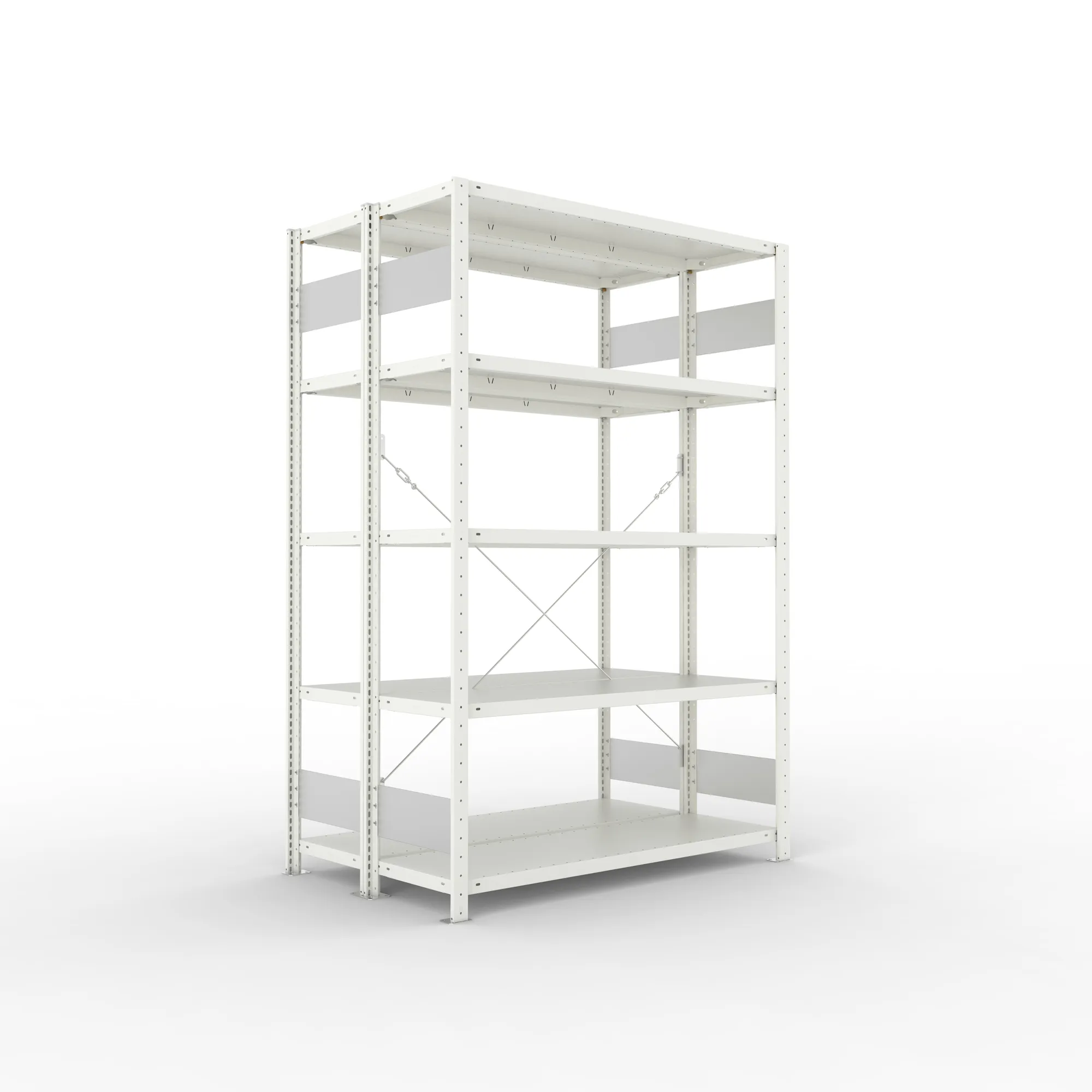 META CLIP S3, Fachbodenregal, Doppel-Grundregal, 2000 x 1300 x 400 mm, Fachlast 150 kg, 5 Ebenen, RAL 7035 – Ansicht in Blickhöhe