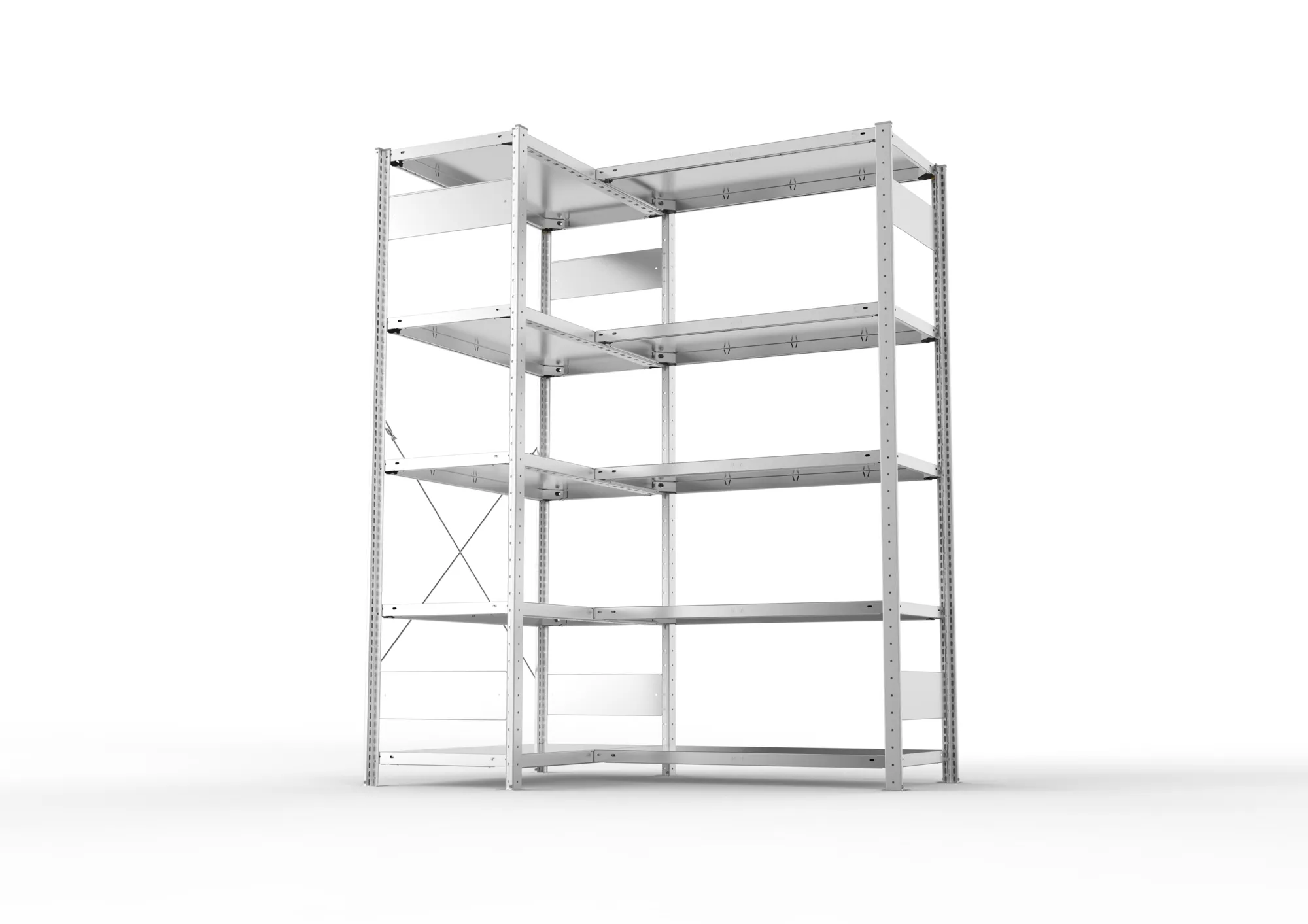 META CLIP, Eckregal, 2000 x 1000 x 500 mm, Fachlast 100 kg, 5 Ebenen, verzinkt – Seitenansicht