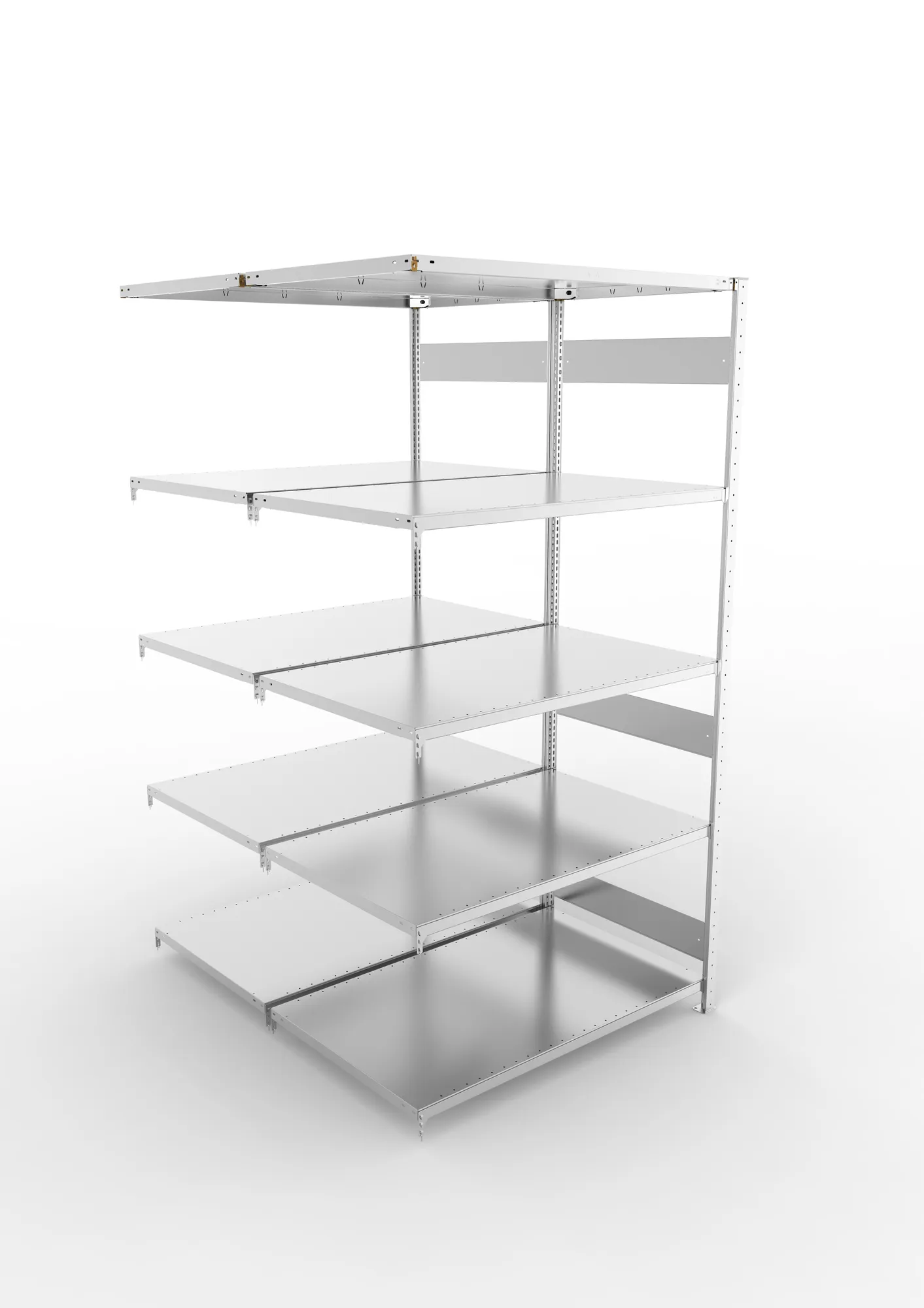 META CLIP S3, Fachbodenregal, Doppel-Anbauregal, 2500 x 1300 x 800 mm, Fachlast 230 kg, 5 Ebenen, Längsriegel, verzinkt – Ansicht von oben
