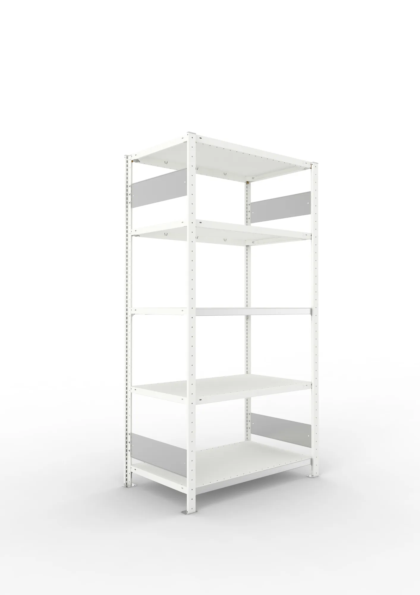 META CLIP S3, Fachbodenregal, Grundregal, 2000 x 1000 x 600 mm, Fachlast 150 kg, 5 Ebenen, Längsriegel, RAL 7035 – Ansicht in Blickhöhe