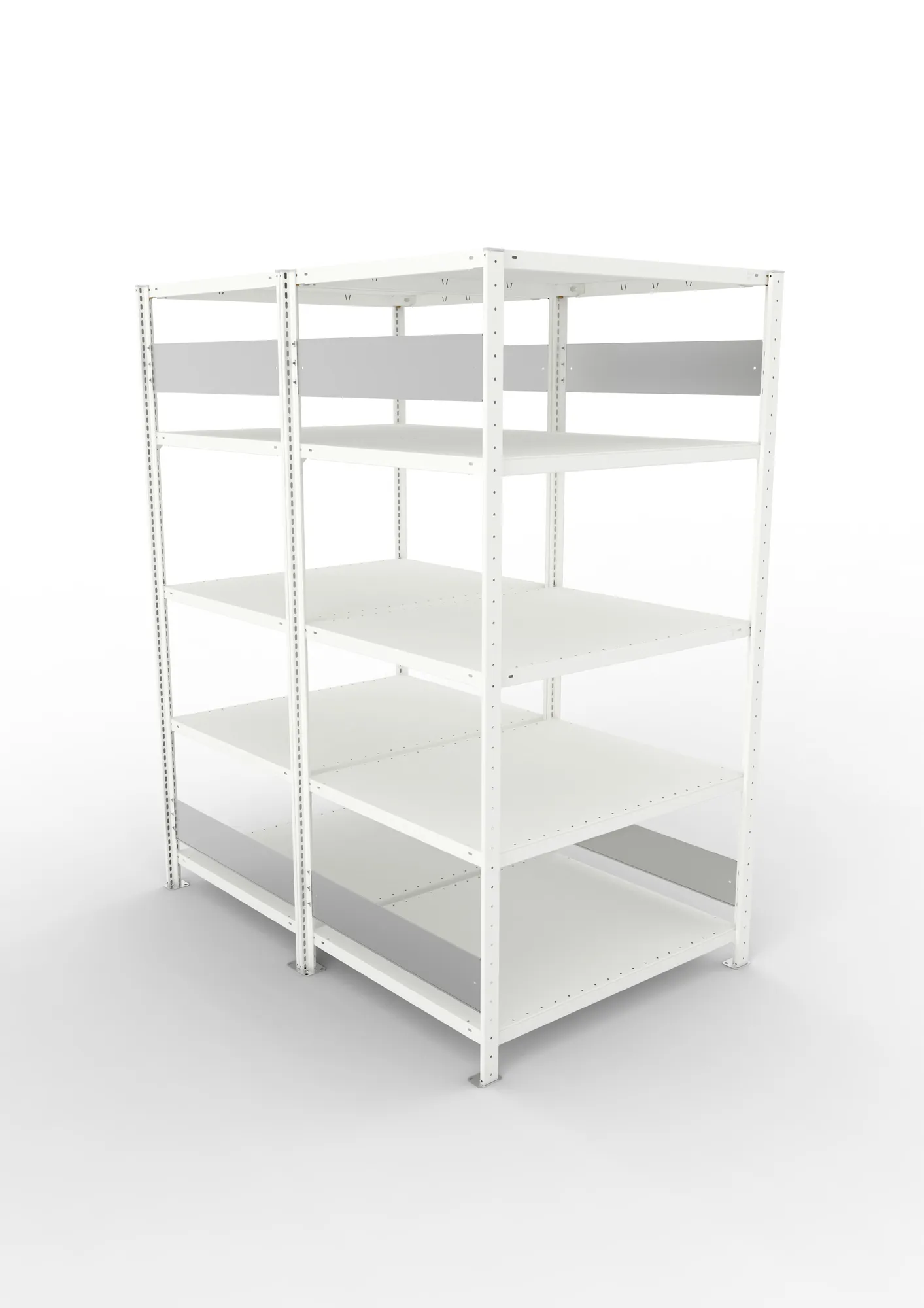 META CLIP S3, Fachbodenregal, Doppel-Grundregal, 2000 x 1000 x 800 mm, Fachlast 230 kg, 5 Ebenen, Längsriegel, RAL 7035 – Ansicht von oben