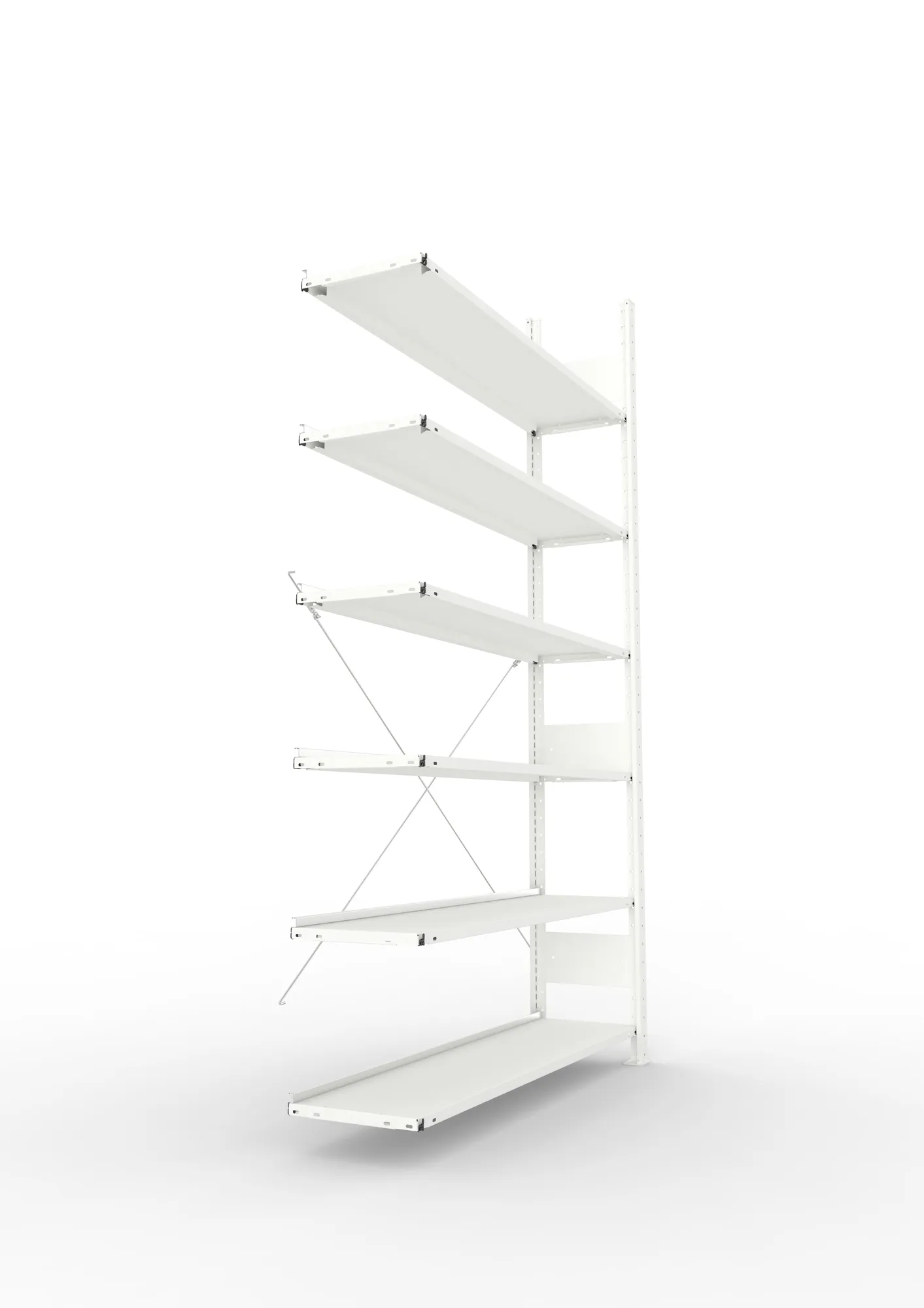 META CLIP COMPACT, Büro-Steckregal, Anbauregal, 2200 x 1250 x 300 mm, Fachlast 80 kg, 6+0 Ebenen, RAL 7035 – Seitenansicht