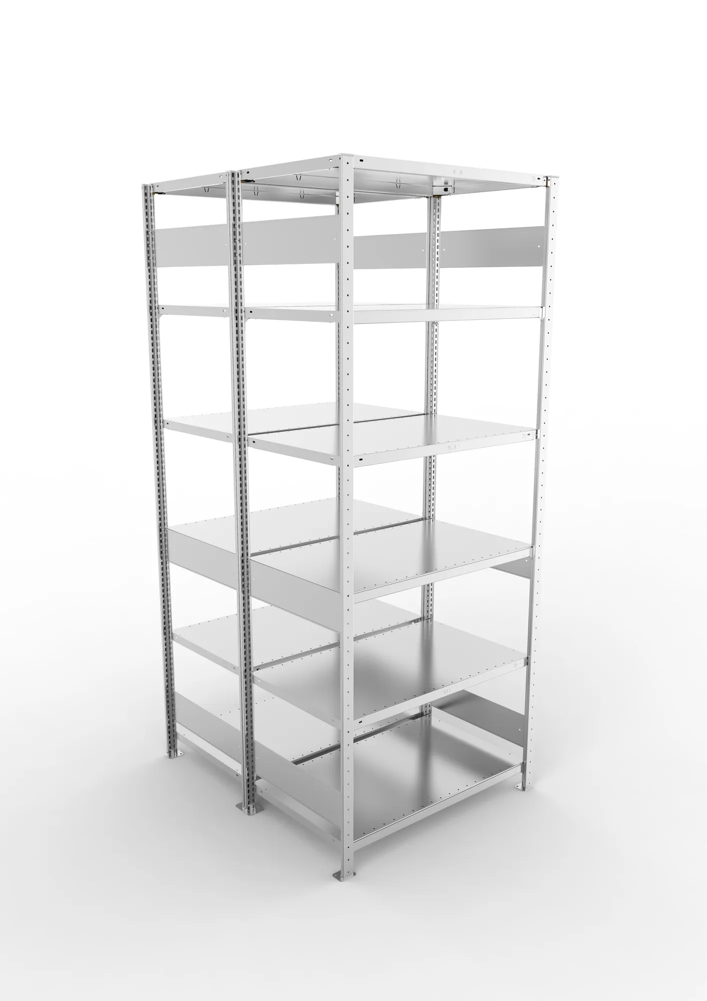META CLIP S3, Fachbodenregal, Doppel-Grundregal, 2500 x 1000 x 600 mm, Fachlast 150 kg, 6 Ebenen, Längsriegel, verzinkt – Ansicht von oben