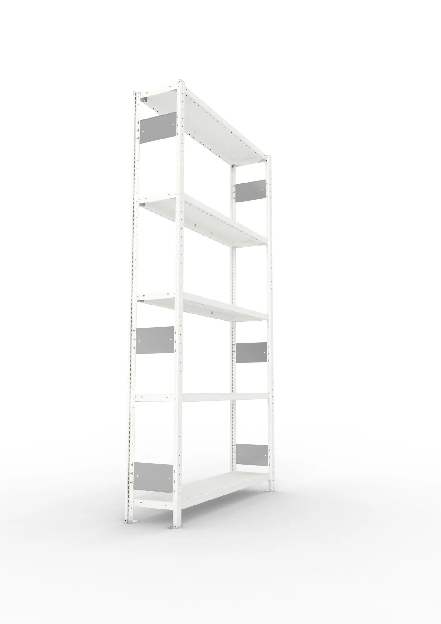 META CLIP S3, Fachbodenregal, Grundregal, 2500 x 1300 x 300 mm, Fachlast 230 kg, 5 Ebenen, Längsriegel, RAL 7035 – Seitenansicht