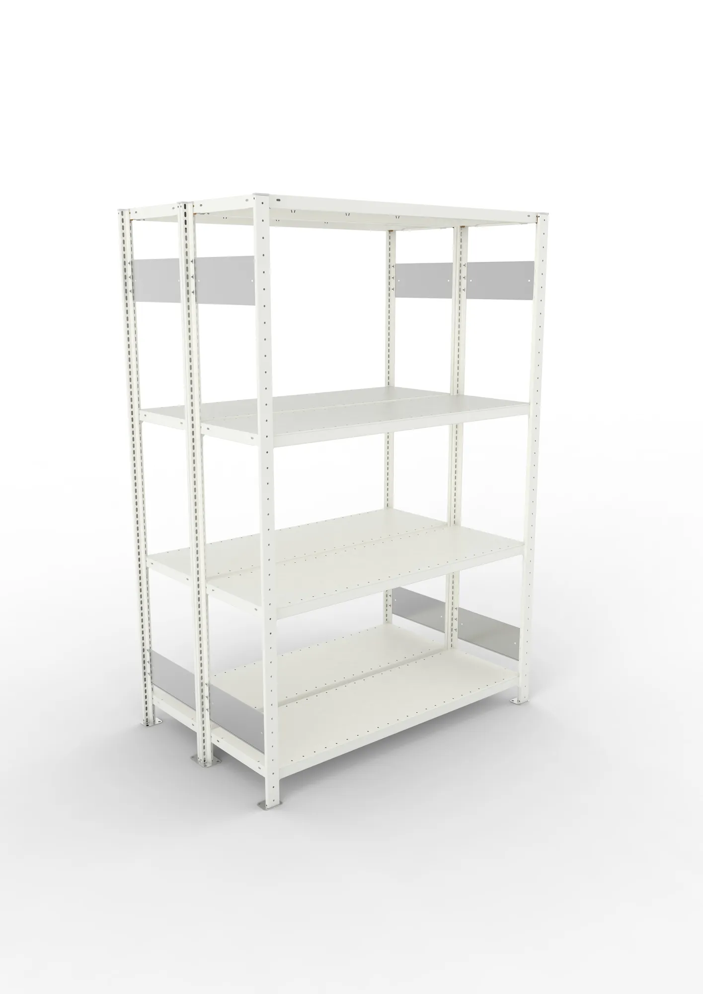 META CLIP S3, Fachbodenregal, Doppel-Grundregal, 2000 x 1300 x 400 mm, Fachlast 230 kg, 4 Ebenen, Längsriegel, RAL 7035 – Ansicht von oben