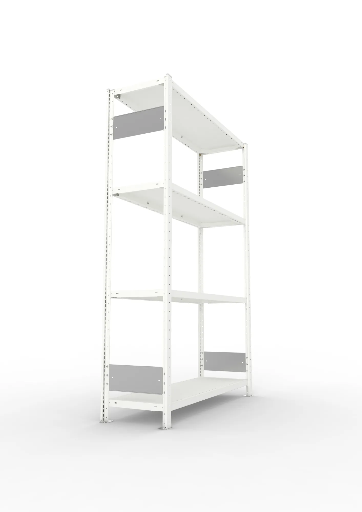 META CLIP S3, Fachbodenregal, Grundregal, 2000 x 1300 x 400 mm, Fachlast 230 kg, 4 Ebenen, Längsriegel, RAL 7035 – Seitenansicht
