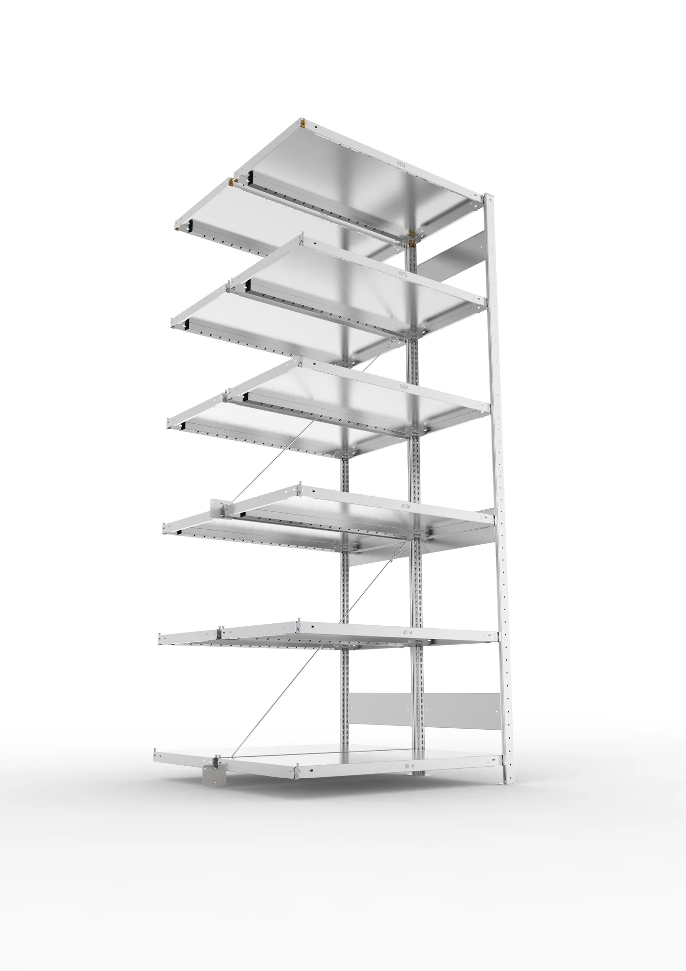 META CLIP, Fachbodenregal, Doppel-Anbauregal, 2500 x 1000 x 500 mm, Fachlast 230 kg, 6 Ebenen, verzinkt – Ansicht von unten