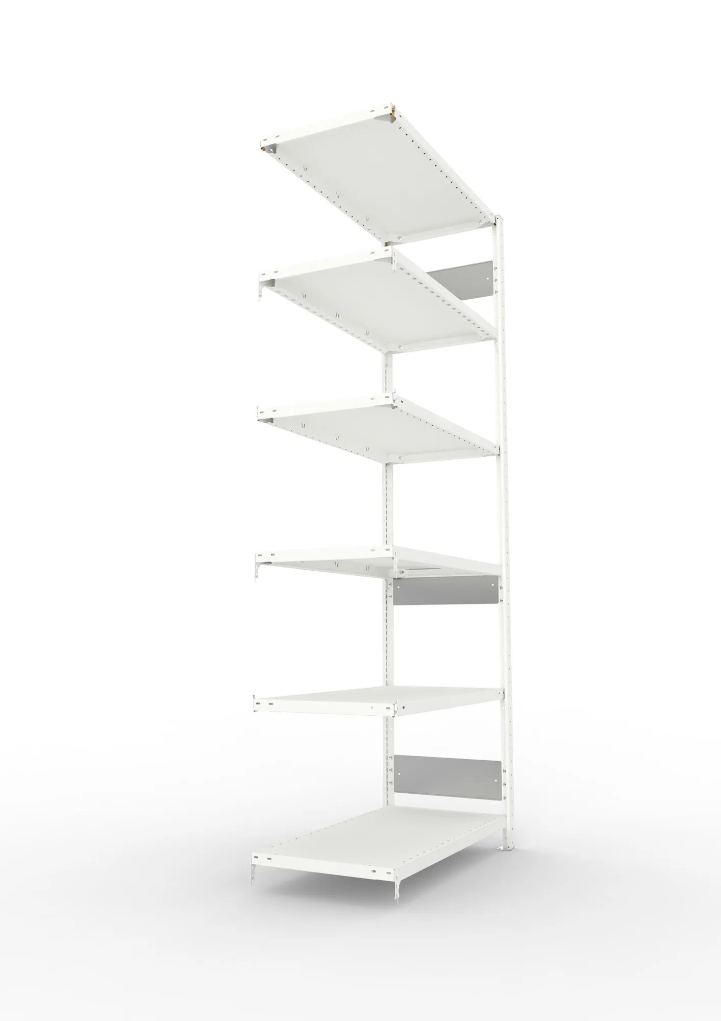 META CLIP S3, Fachbodenregal, Anbauregal, 2500 x 1000 x 500 mm, Fachlast 150 kg, 6 Ebenen, Längsriegel, RAL 7035 – Seitenansicht