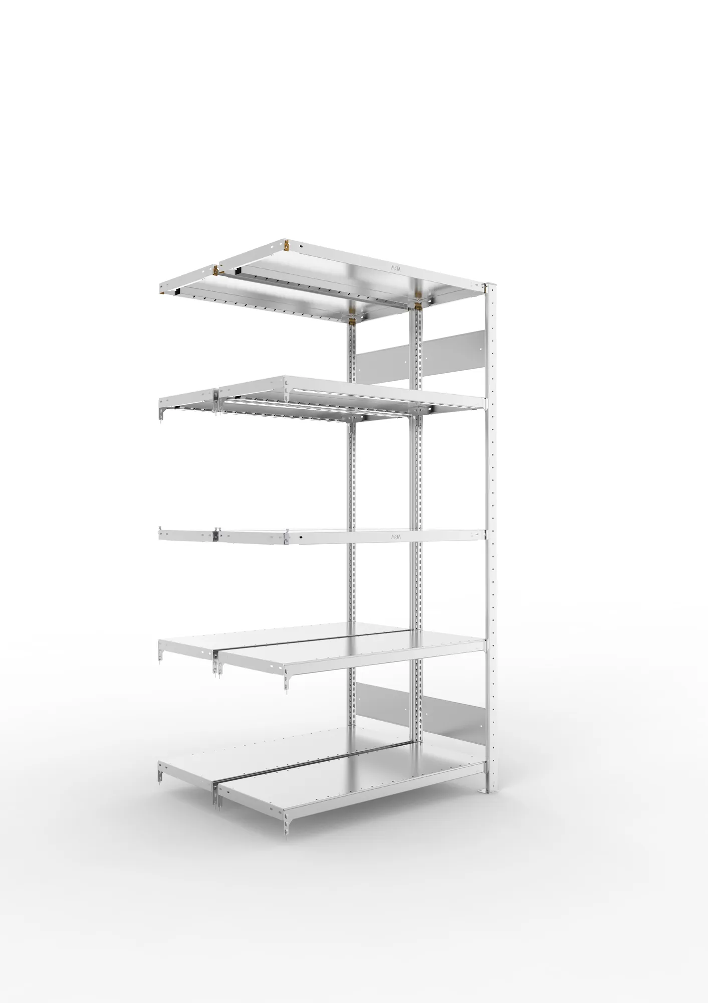 META CLIP S3, Fachbodenregal, Doppel-Anbauregal, 2000 x 1000 x 400 mm, Fachlast 230 kg, 5 Ebenen, Längsriegel, verzinkt – Ansicht in Blickhöhe