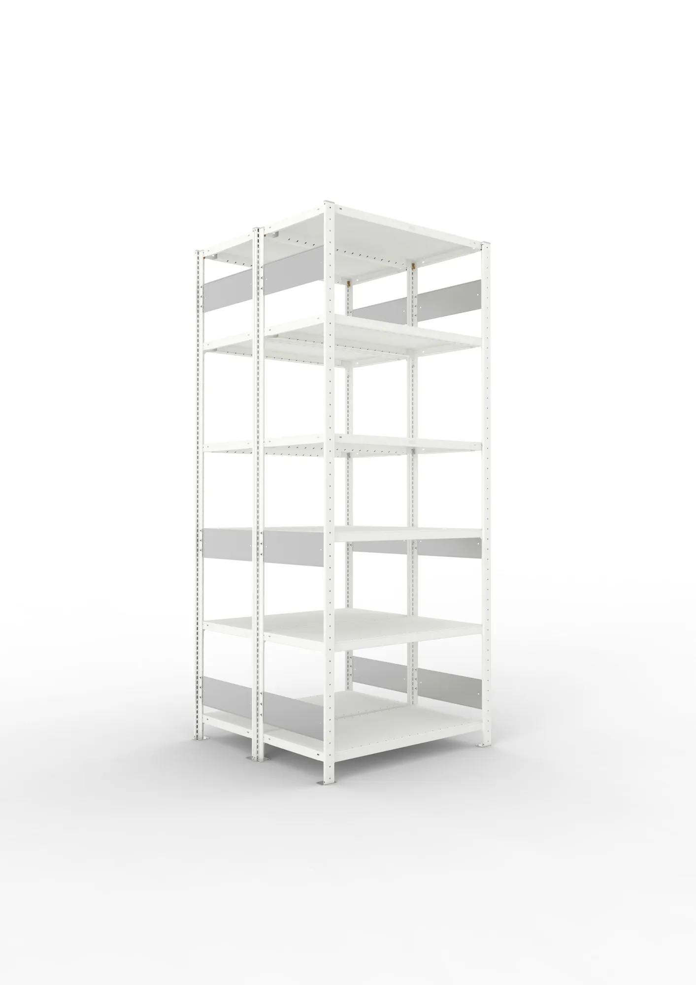 META CLIP S3, Fachbodenregal, Doppel-Grundregal, 2500 x 1000 x 500 mm, Fachlast 230 kg, 6 Ebenen, Längsriegel, RAL 7035 – Ansicht in Blickhöhe