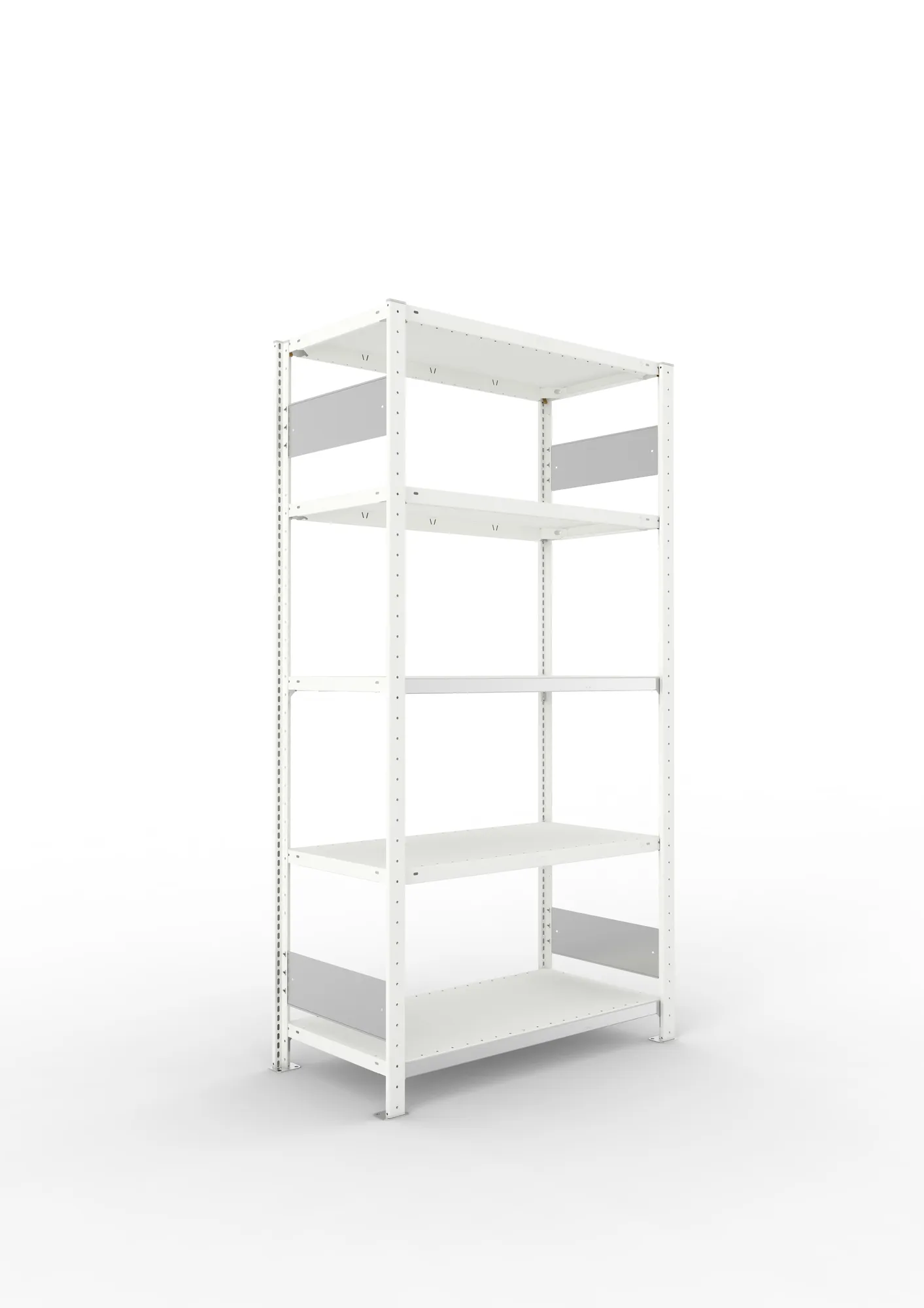 META CLIP S3, Fachbodenregal, Grundregal, 2000 x 1000 x 500 mm, Fachlast 150 kg, 5 Ebenen, Längsriegel, RAL 7035 – Ansicht in Blickhöhe