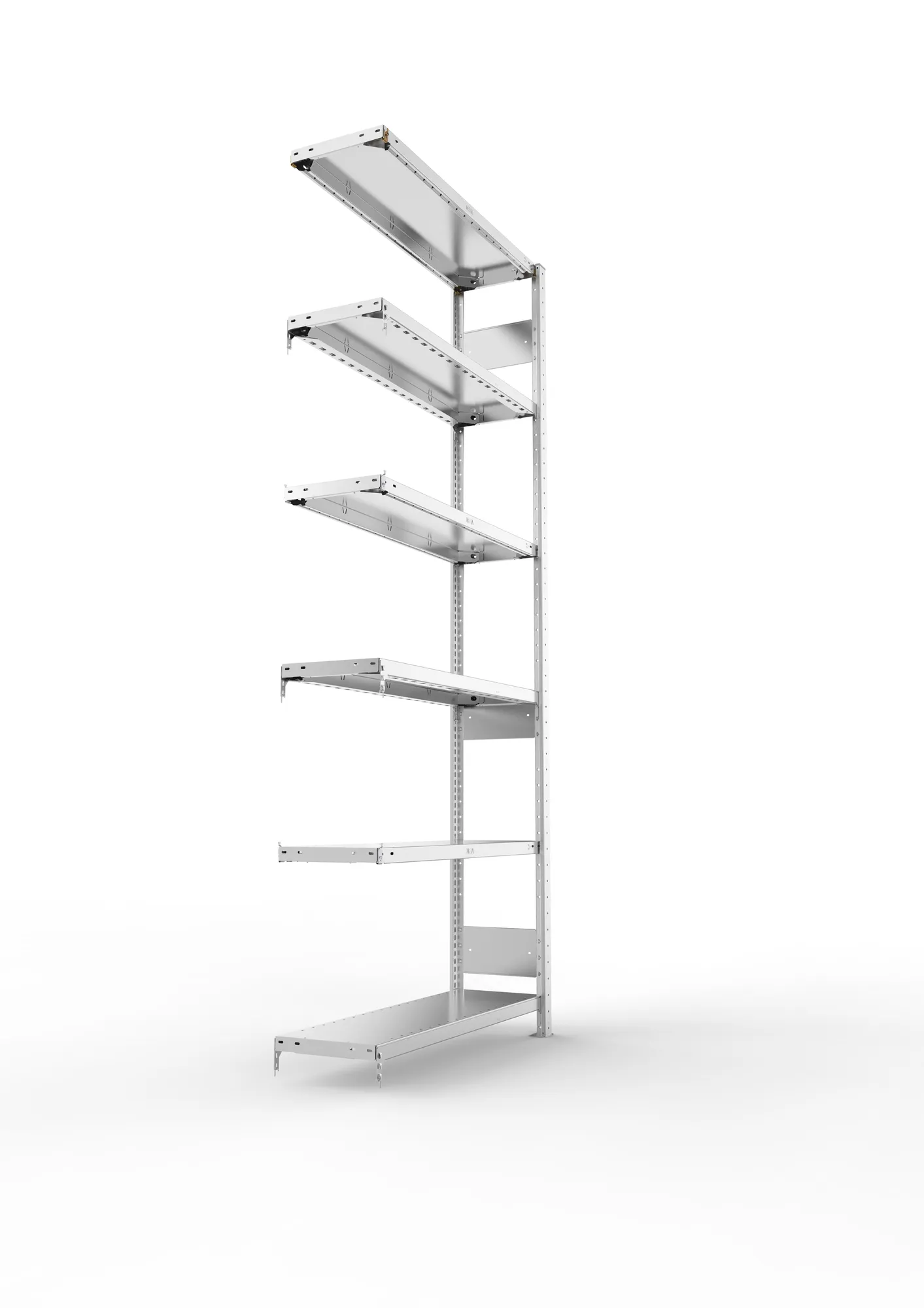 META CLIP S3, Fachbodenregal, Anbauregal, 2500 x 1000 x 300 mm, Fachlast 150 kg, 6 Ebenen, Längsriegel, verzinkt – Seitenansicht