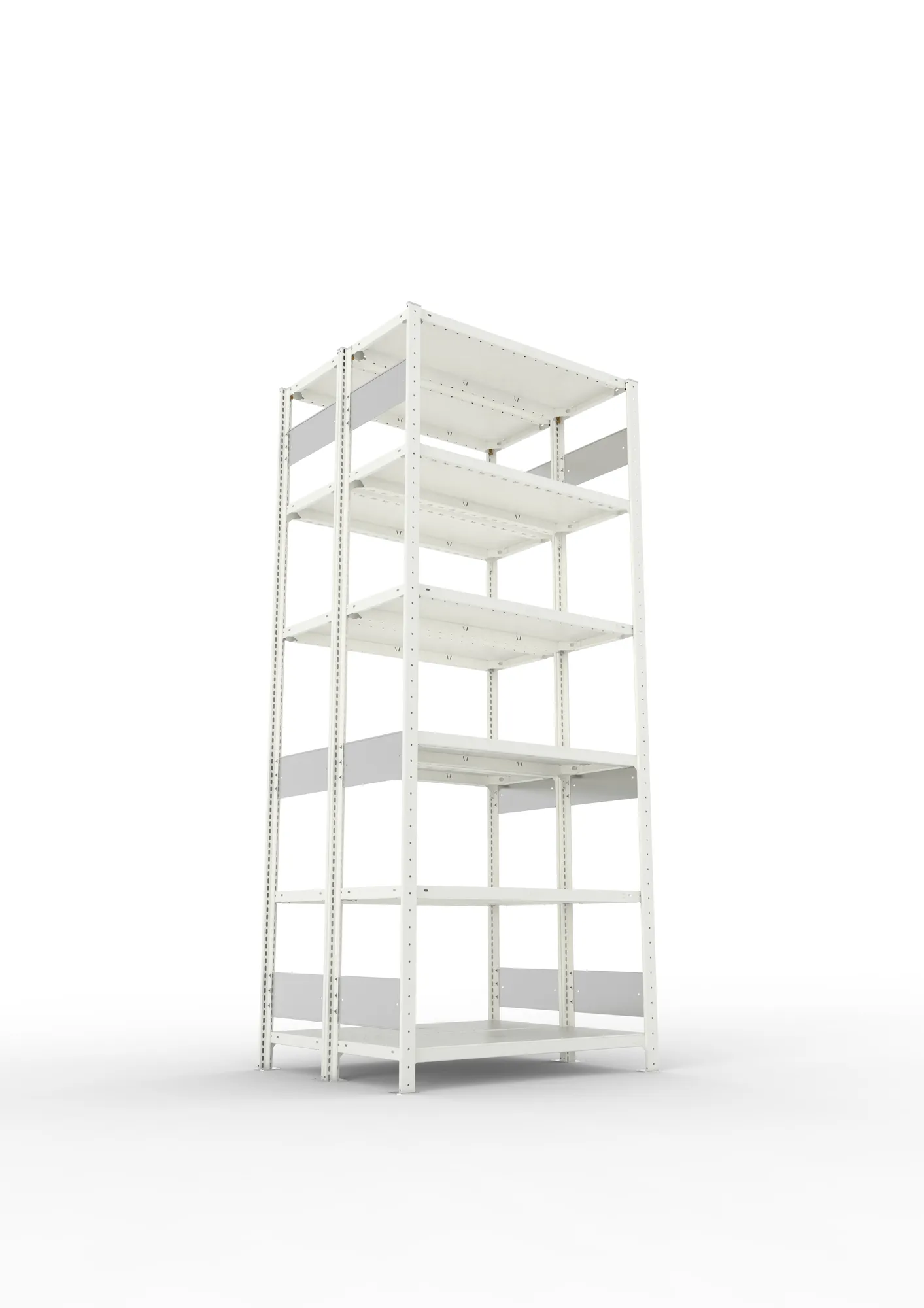 META CLIP S3, Fachbodenregal, Doppel-Grundregal, 2500 x 1000 x 400 mm, Fachlast 150 kg, 6 Ebenen, Längsriegel, RAL 7035 – Ansicht von unten