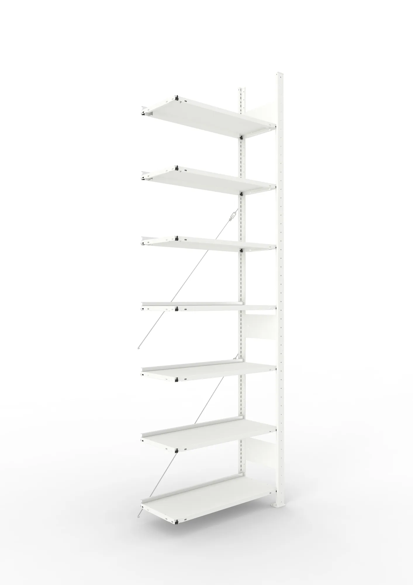 META CLIP COMPACT, Büro-Steckregal, Anbauregal, 2500 x 750 x 300 mm, Fachlast 80 kg, 7+0 Ebenen, RAL 7035 – Ansicht in Blickhöhe