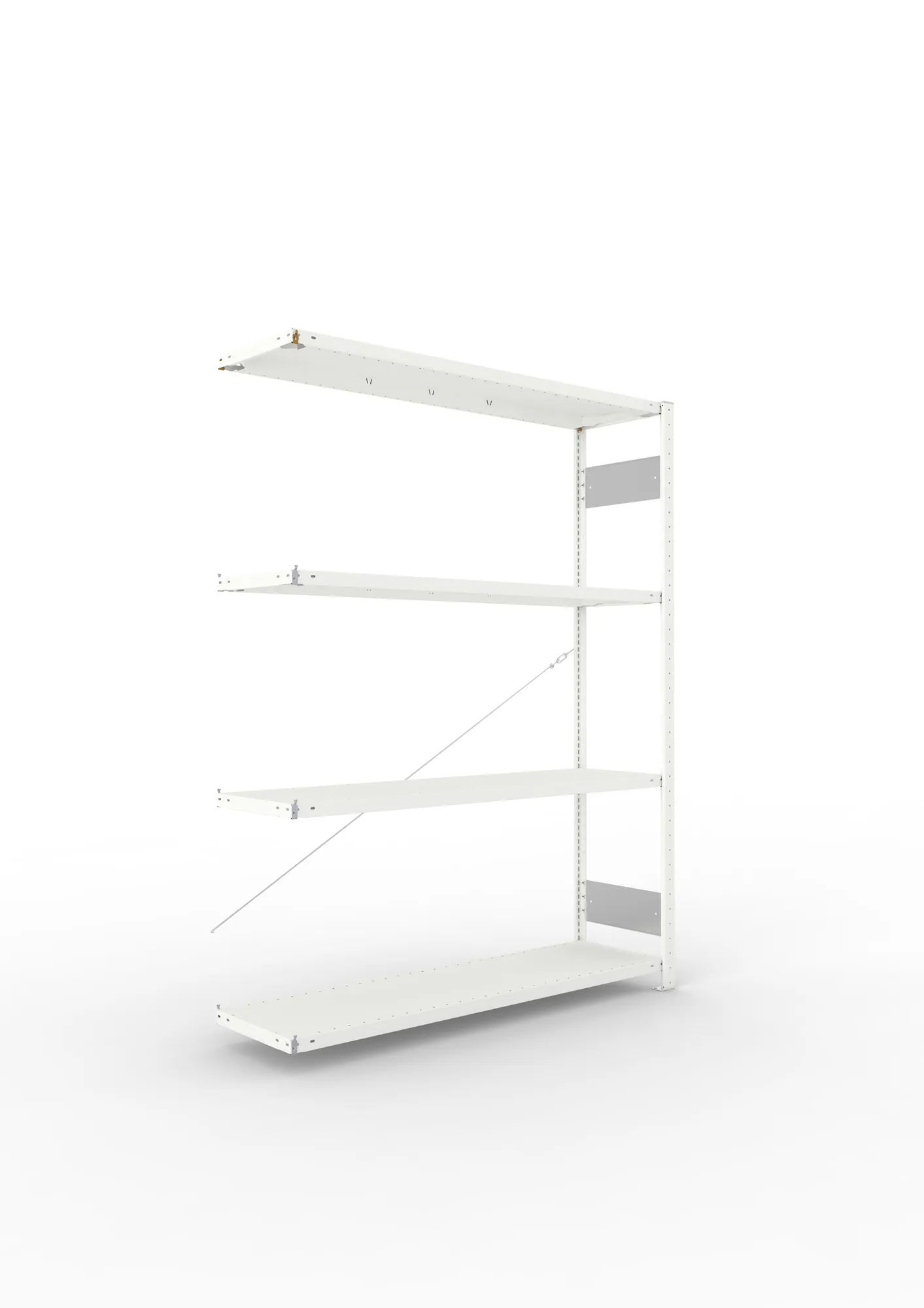 META CLIP S3, Fachbodenregal, Anbauregal, 2000 x 1500 x 400 mm, Fachlast 200 kg, 4 Ebenen, RAL 7035 – Ansicht in Blickhöhe
