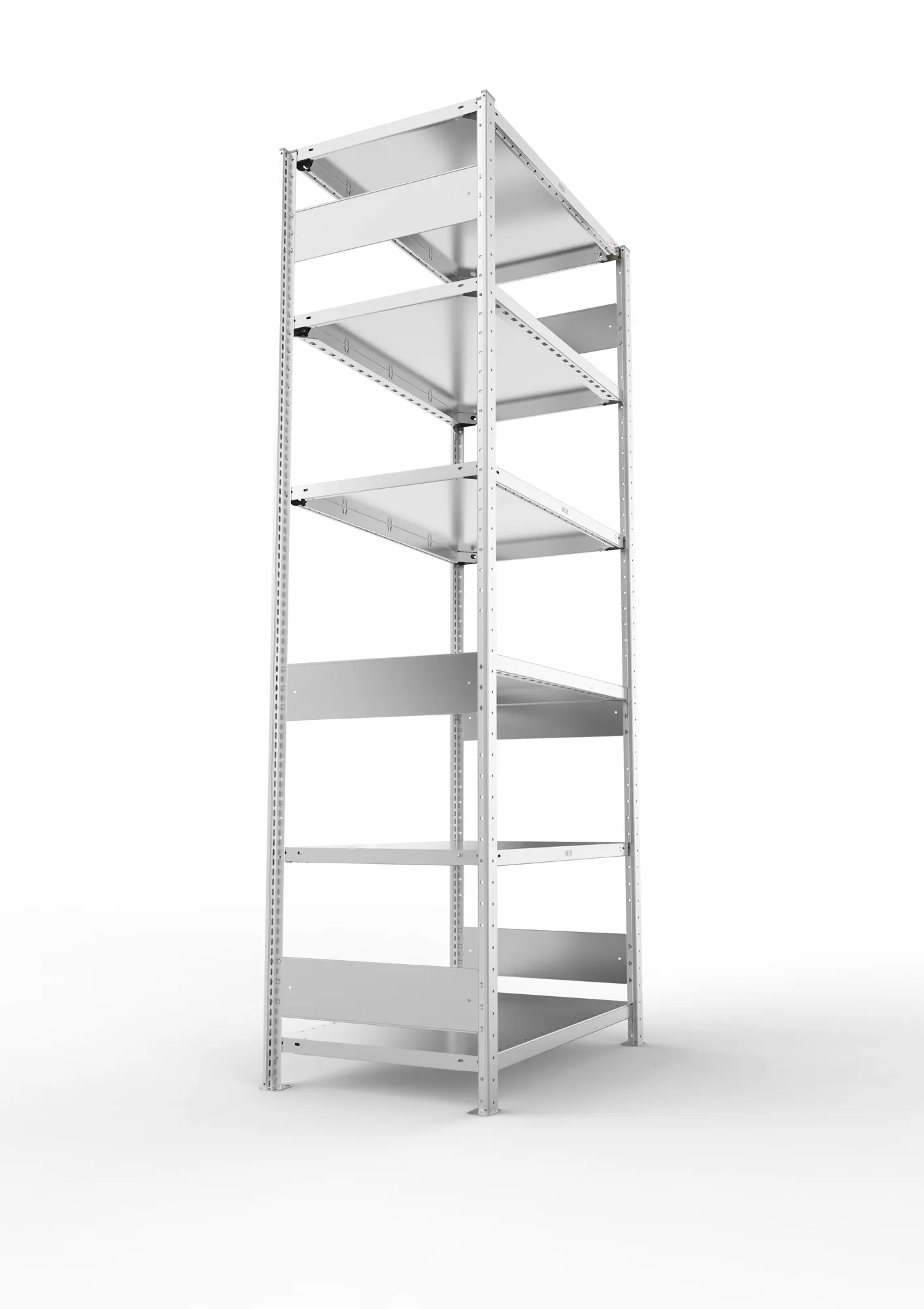 META CLIP S3, Fachbodenregal, Grundregal, 2500 x 1000 x 600 mm, Fachlast 150 kg, 6 Ebenen, Längsriegel, verzinkt – Seitenansicht
