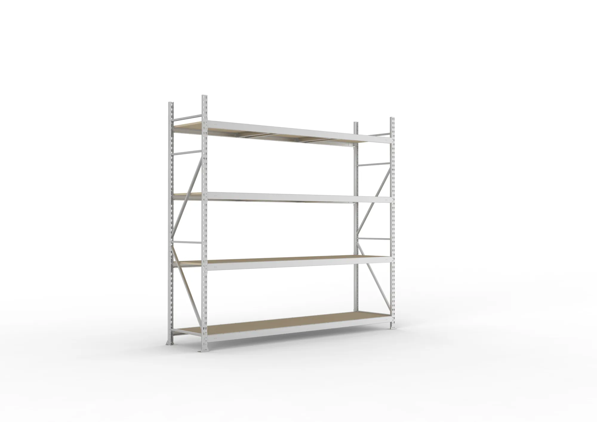 META MINI-RACK, Weitspannregal, Grundregal, 2500 x 2600 x 650 mm, Fachlast 490 kg, Spanplattenböden, 4 Ebenen – Ansicht in Blickhöhe