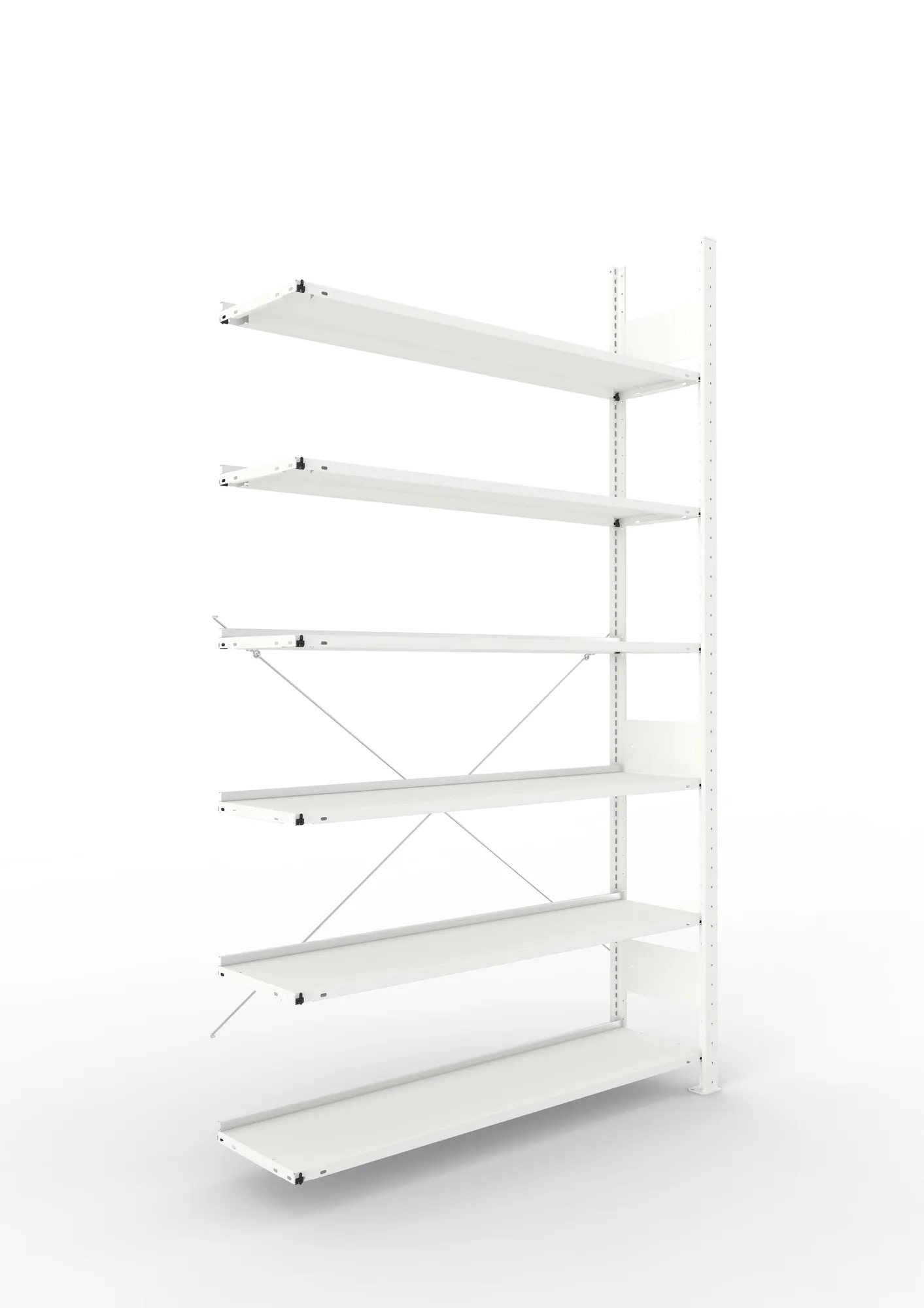 META CLIP COMPACT, Büro-Steckregal, Anbauregal, 2200 x 1250 x 300 mm, Fachlast 80 kg, 6+0 Ebenen, RAL 7035 – Ansicht in Blickhöhe