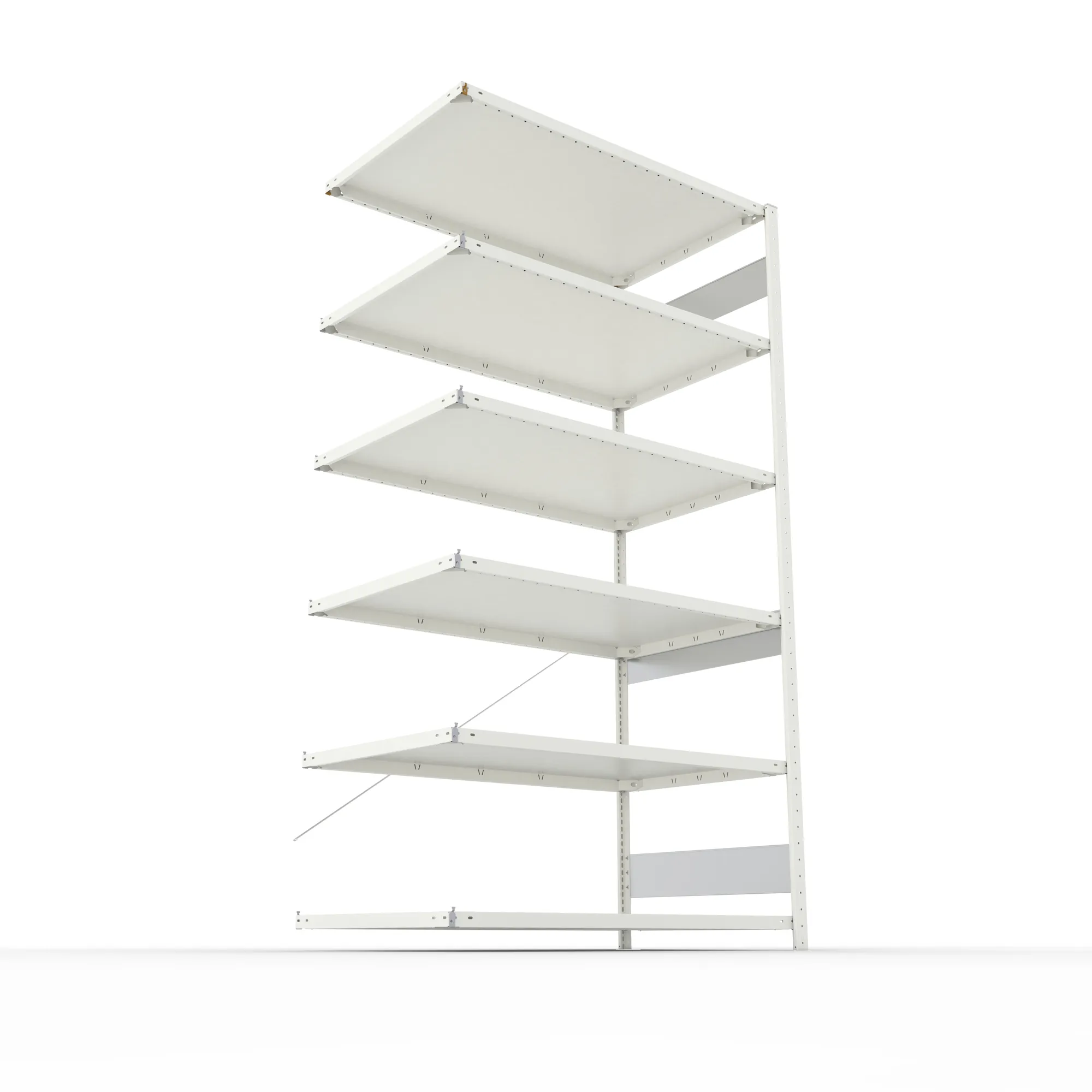META CLIP S3, Fachbodenregal, Anbauregal, 2500 x 1300 x 800 mm, Fachlast 230 kg, 6 Ebenen, RAL 7035 – Ansicht von unten