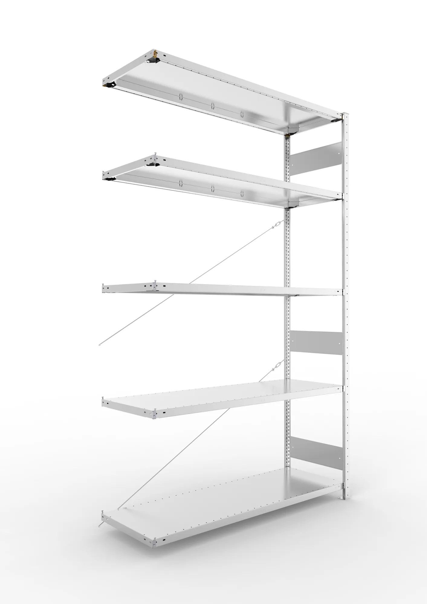 META CLIP S3, Fachbodenregal, Anbauregal, 2500 x 1500 x 500 mm, Fachlast 200 kg, 5 Ebenen, verzinkt – Ansicht in Blickhöhe