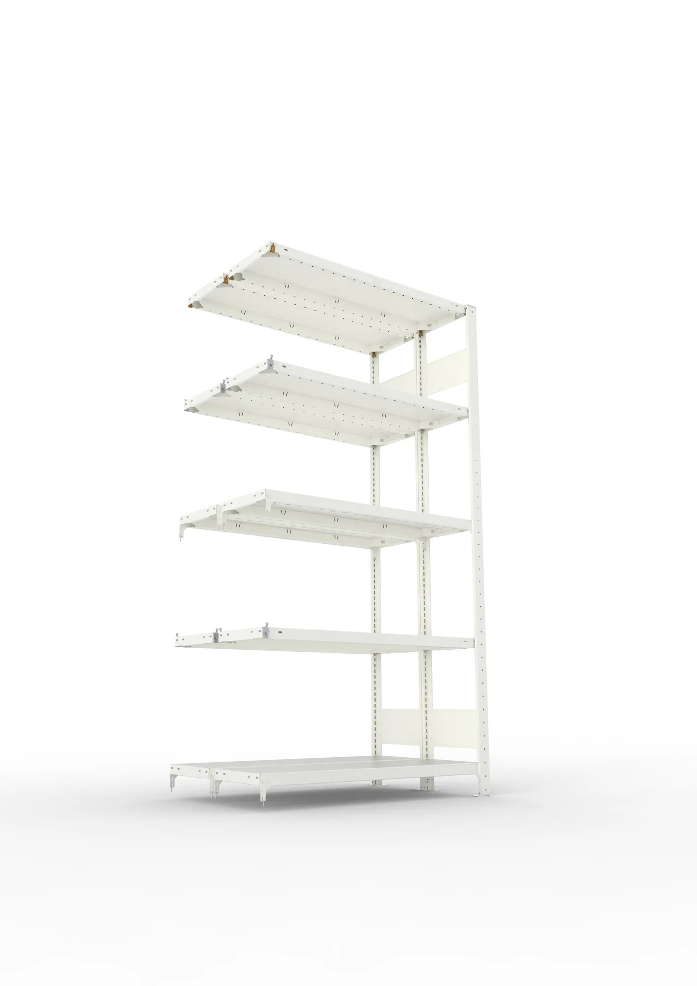 META CLIP S3, Fachbodenregal, Doppel-Anbauregal, 2000 x 1000 x 300 mm, Fachlast 150 kg, 5 Ebenen, Längsriegel, RAL 7035 – Ansicht von unten