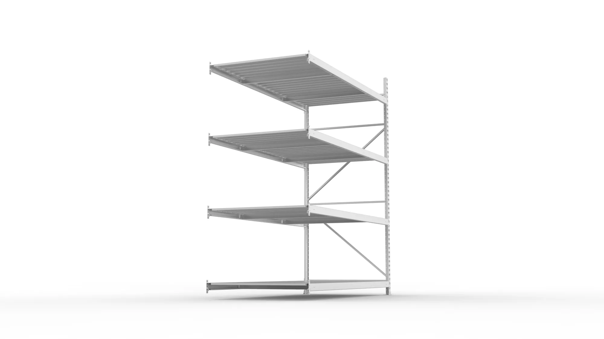 META MINI-RACK, Weitspannregal, Anbauregal, 2500 x 2200 x 1050 mm, Fachlast 600 kg, Stahlpaneelböden, 4 Ebenen – Seitenansicht