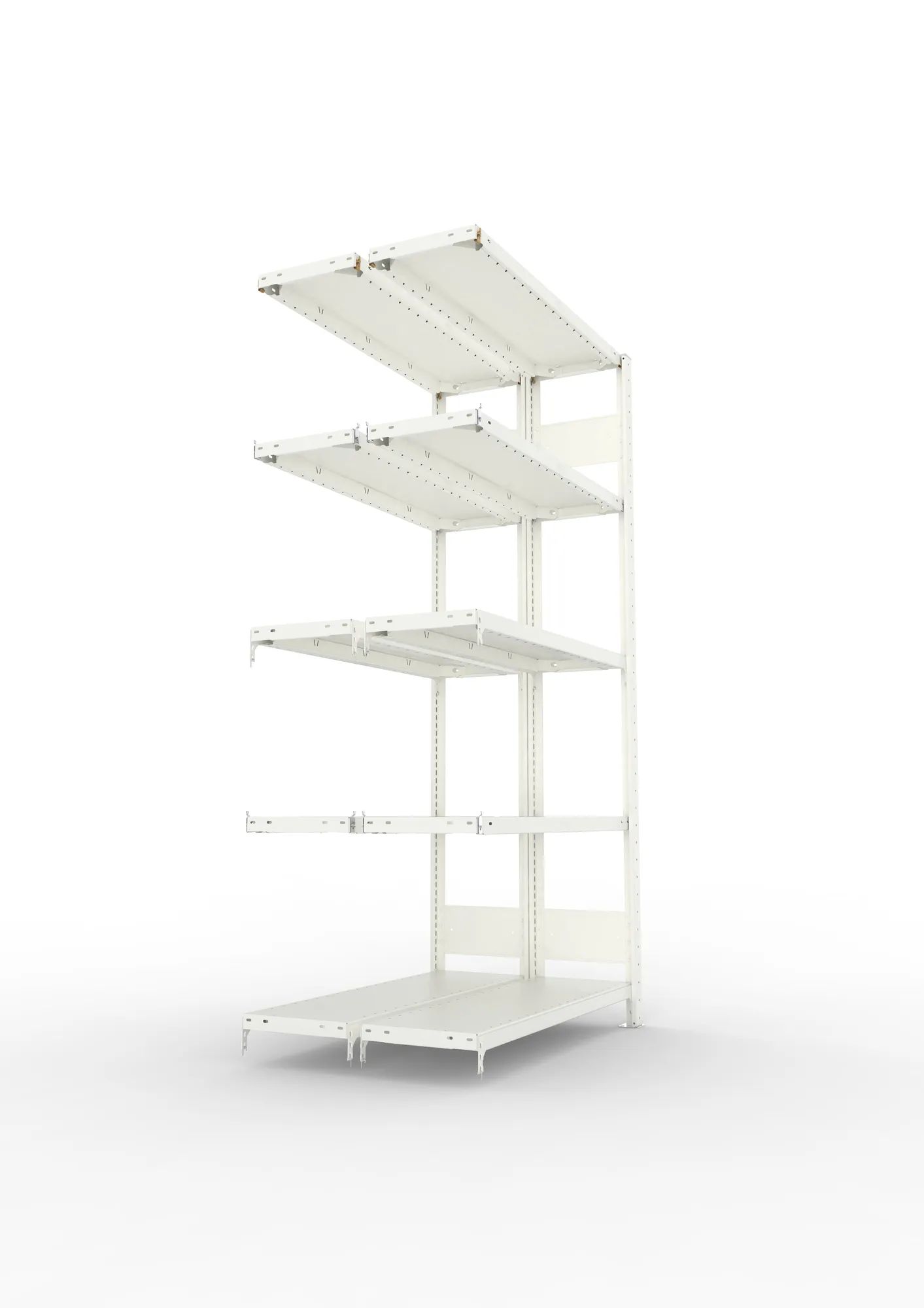 META CLIP S3, Fachbodenregal, Doppel-Anbauregal, 2000 x 1000 x 300 mm, Fachlast 150 kg, 5 Ebenen, Längsriegel, RAL 7035 – Seitenansicht