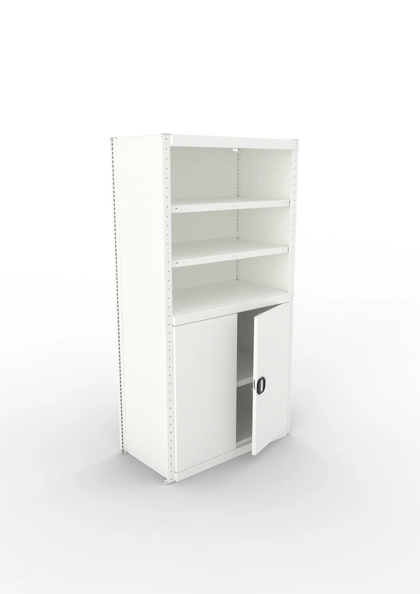 META CLIP, Schrankmodul, Grundregal, Variante 1, 2000 x 1000 x 500 mm, offene Fächer und Flügeltür unten, RAL 7035 – Ansicht von oben