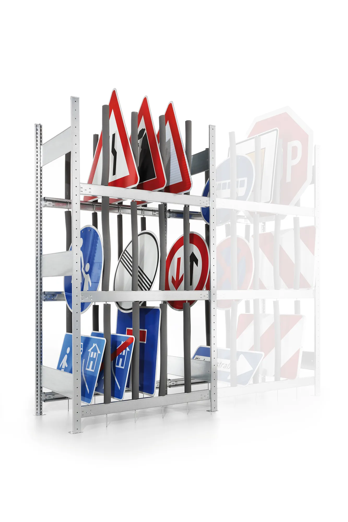 META CLIP, Schilderregal, Grundregal, 2000 x 1000 x 600 mm, Fachlast 100 kg, 3 Ebenen, verzinkt – Ansicht in Blickhöhe