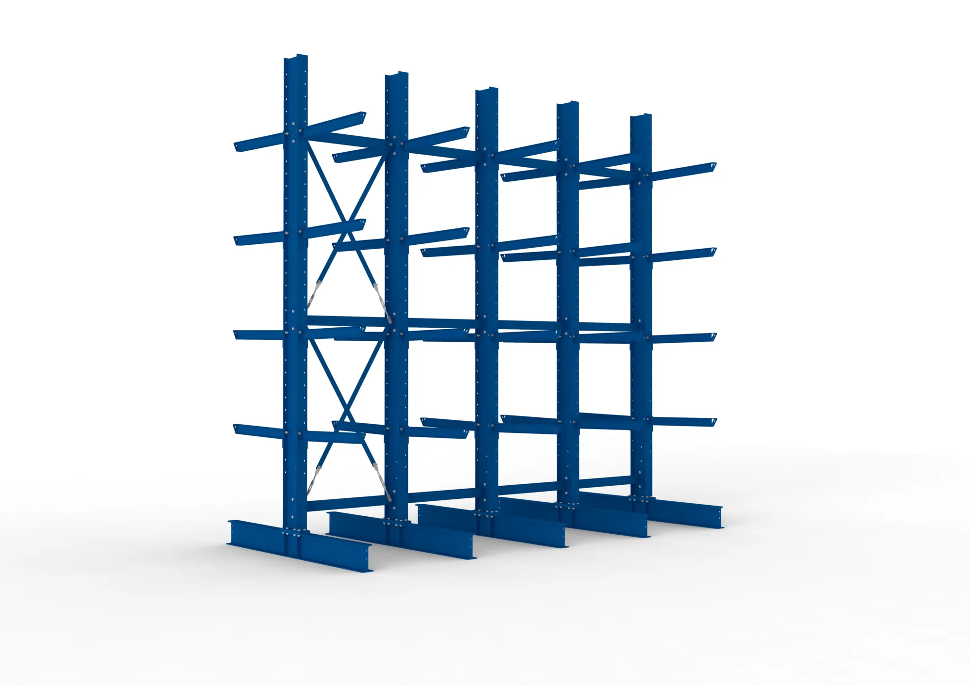 META MULTISTRONG H, Kragarmregal, 4 Felder, 4000 x 4000 x 800 mm, Armlast 630 kg, doppelseitig, 4+1 Ebenen – Ansicht in Blickhöhe